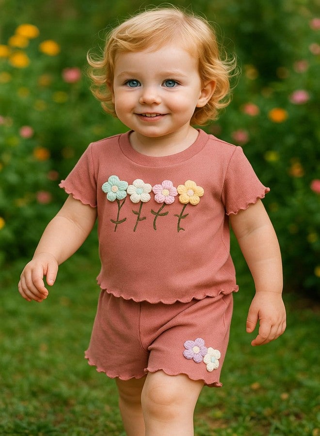 Yvowming Toddler Baby Girl Clothes Outfits,Summer Ruffle Ribbed Flower T Shirt Shorts Set Clothes for Girls (Pink, 4-5T - Image 2