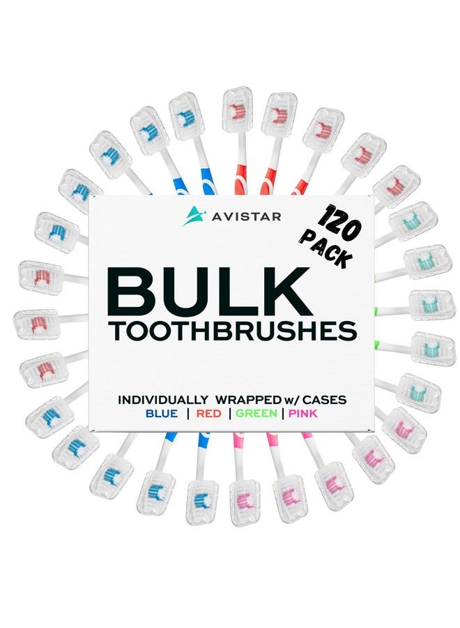 Avistar 120 Pack Bulk Toothbrushes w/Cover Caps, Individually Wrapped Disposable Travel Toothbrush, Value Size, Long Lasting 3+ Months, Med-Soft Manual Teeth Brush Bristles, 4 Colors (Red Green Blue Pink) - Image 1