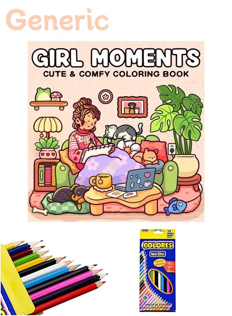 Girl Moments: A Stress-Relief Coloring Book for Adults & Teens - Cute & Cozy Daily Activities and 12 high-quality colored pencils, 48 Hand-Drawn Coloring Page,Mindfulness Illustrations | Relaxing Anti-Anxiety Art Therapy (Cozy Spaces Collection) - Image 1