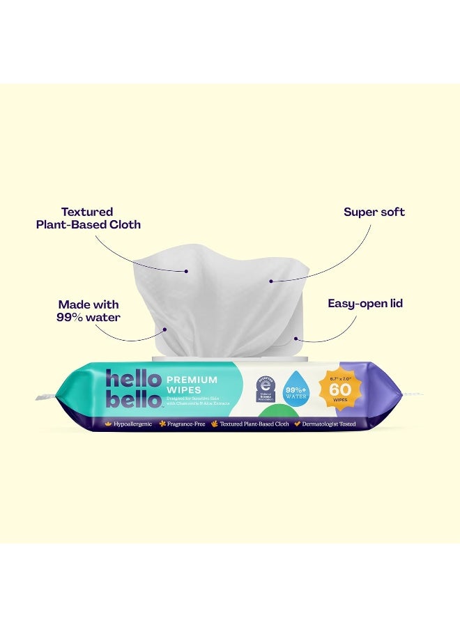 Hello Bello مناديل أطفال هالو بيلو الإضافية اللطيفة بدون رائحة، مصنوعة من نباتات، تحتوي على 99% ماء وصبار للأطفال، 720 قطعة - Image 2