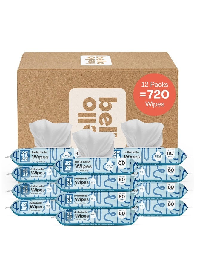 Hello Bello مناديل أطفال هالو بيلو الإضافية اللطيفة بدون رائحة، مصنوعة من نباتات، تحتوي على 99% ماء وصبار للأطفال، 720 قطعة - Image 1