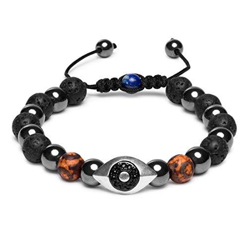 Karseer Vintage Silver and Black Plated Hamsa Evil Eye Reiki Bracelet Natural Hematite Agate Dzi Lava Rock Lapis Lazuli Beaded Macrame Adjustable Diffuser Bracelet - Image 1