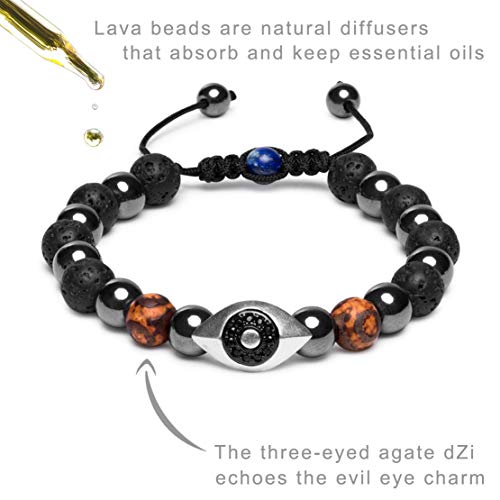 Karseer Vintage Silver and Black Plated Hamsa Evil Eye Reiki Bracelet Natural Hematite Agate Dzi Lava Rock Lapis Lazuli Beaded Macrame Adjustable Diffuser Bracelet - Image 3