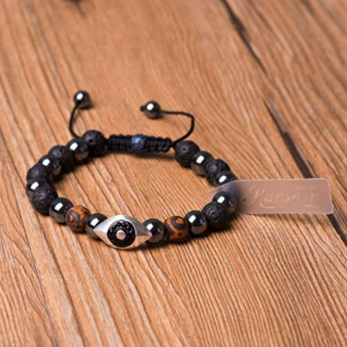 Karseer Vintage Silver and Black Plated Hamsa Evil Eye Reiki Bracelet Natural Hematite Agate Dzi Lava Rock Lapis Lazuli Beaded Macrame Adjustable Diffuser Bracelet - Image 4