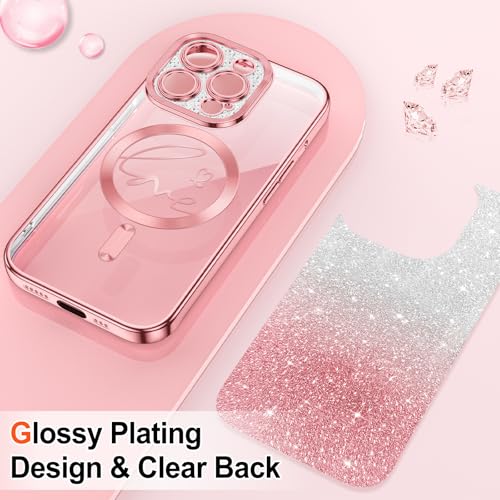 Hython for iPhone 12 Pro Max Case Glitter, Compatible with MagSafe Love Heart Magnetic Clear Phone Cases for Women Girls, Full Camera Protection Sparkle Plating Shockproof Protective Cover, Pink - Image 2