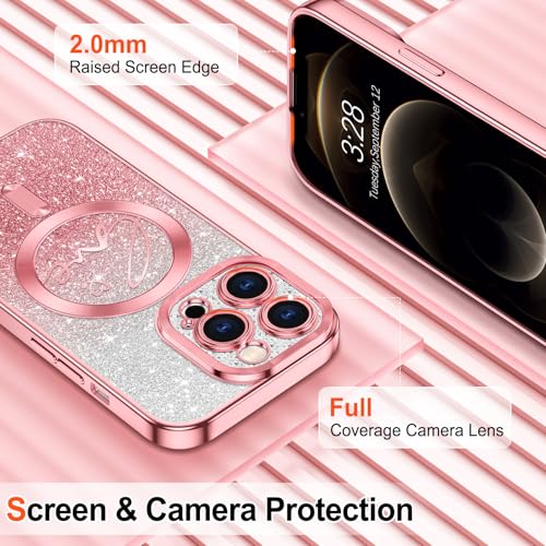 Hython for iPhone 12 Pro Max Case Glitter, Compatible with MagSafe Love Heart Magnetic Clear Phone Cases for Women Girls, Full Camera Protection Sparkle Plating Shockproof Protective Cover, Pink - Image 4