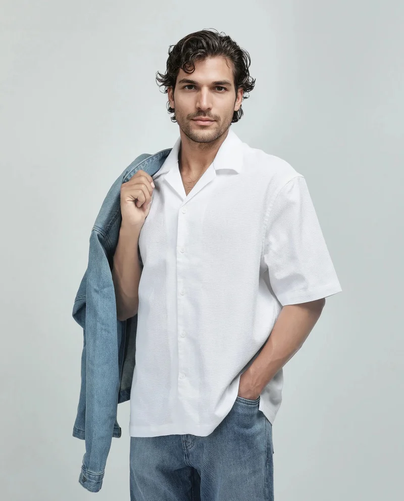 Rare Rabbit Rare Rabbit Men's Astur Off white Cotton Fabric Short Sleeve Cuban Collar Boxy Fit Textured Shirt