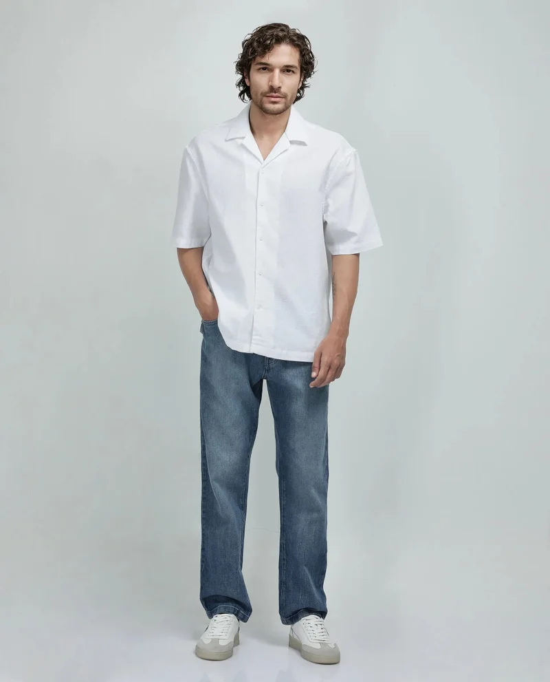 Rare Rabbit Rare Rabbit Men's Astur Off white Cotton Fabric Short Sleeve Cuban Collar Boxy Fit Textured Shirt
