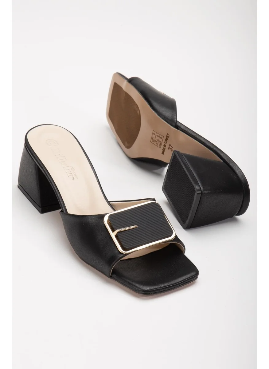 Dilimler Ayakkabı Slices Shoes Square Stone Buckle Skin Black Women's Thick Heeled Slippers