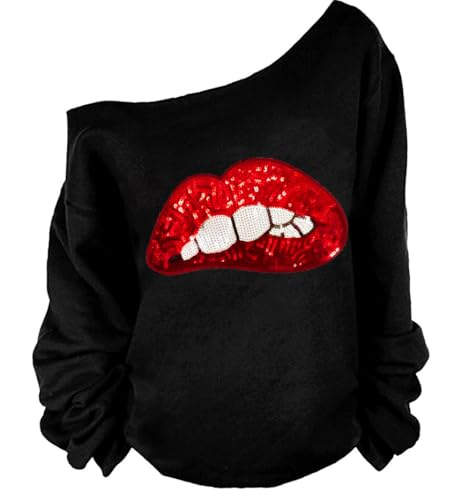 MAGICMK Woman’s Sweatershirt Lips Print Causal Blouse Off The Shoulder Long Sleeve Loose Slouchy Pullover Plus Size Tops…(3XL) - Image 1