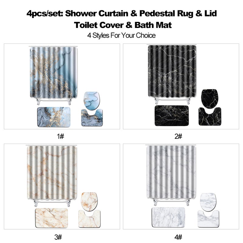 4pcs/set Water-resistant Shower Curtain & Lid Toilet Cover Pedestal Rug Non-slip Bath Mat Bathroom Decoration Accessories - Image 4