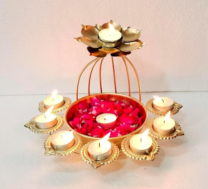 ENLAYWORD Iron Urli Bowl and Metal Diya Set in Lotus Shape with Gold Powder Coating for Home Decor and Diwali Decoration with Floating Flowers and Tea Light Candles