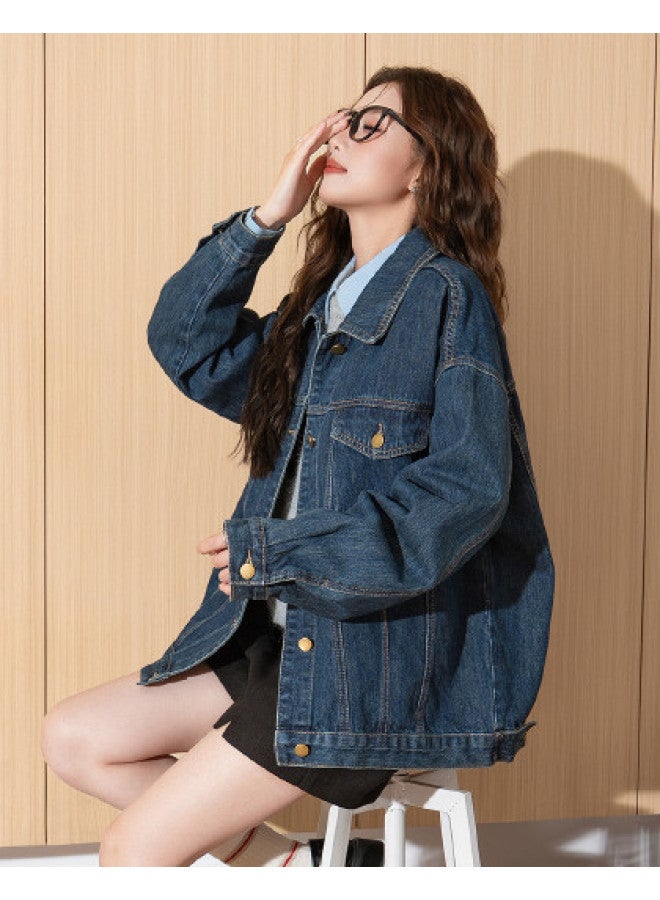 TonLion Commuting Simple Autumn Youthful Slimming Korean Style Denim Jacket Solid Color Lapel Short Top - Image 1