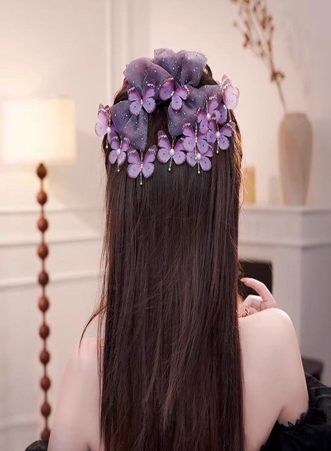 Melodio Dual-Color Butterfly Tulle Hair Claw Clips - Elegant Hair Accessories for Women, Strong Hold Jaw Clips with Tassels for Bun/Updo Hairstyles(Purple) - Image 4