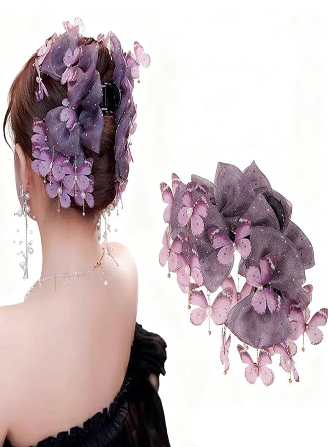 Melodio Dual-Color Butterfly Tulle Hair Claw Clips - Elegant Hair Accessories for Women, Strong Hold Jaw Clips with Tassels for Bun/Updo Hairstyles(Purple) - Image 1