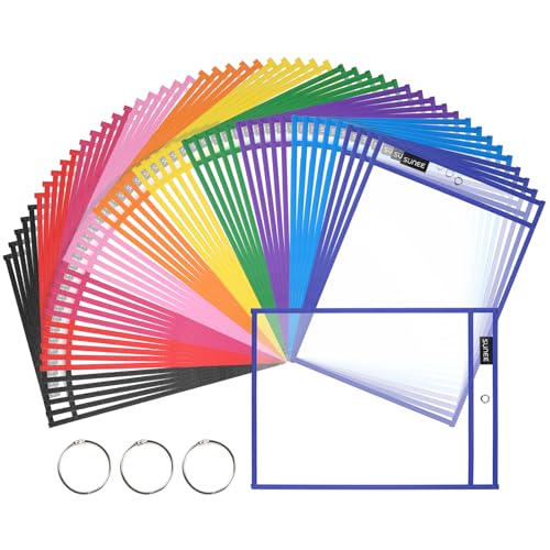 SUNEE 50 Packs Oversized Reusable Dry Erase Pocket Sleeves with 3 Rings, 10 Assorted Colors 10x14 Ticket Holders, Clear Plastic Sheet Protectors, Teacher School Classroom Supplies - Image 1