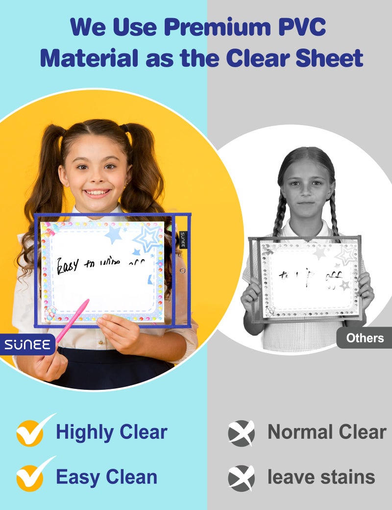 SUNEE 50 Packs Oversized Reusable Dry Erase Pocket Sleeves with 3 Rings, 10 Assorted Colors 10x14 Ticket Holders, Clear Plastic Sheet Protectors, Teacher School Classroom Supplies - Image 5