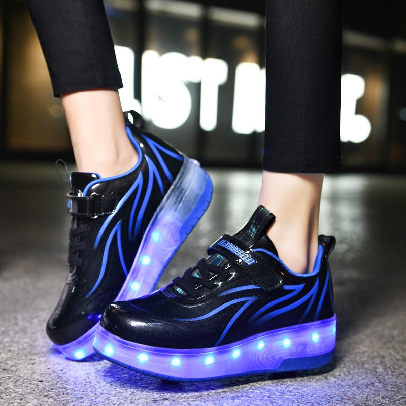 HHSTS Boys' Sneakers with Wheels LED Light Color Shoes Shiny Roller Skates Skate Shoes Simple Kids Gifts Boys Girls The Best Gift for Party Birthday Christmas Day(3.5 Big Kid,Black Blue) - Image 4
