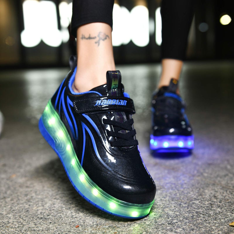 HHSTS Boys' Sneakers with Wheels LED Light Color Shoes Shiny Roller Skates Skate Shoes Simple Kids Gifts Boys Girls The Best Gift for Party Birthday Christmas Day(3.5 Big Kid,Black Blue) - Image 5