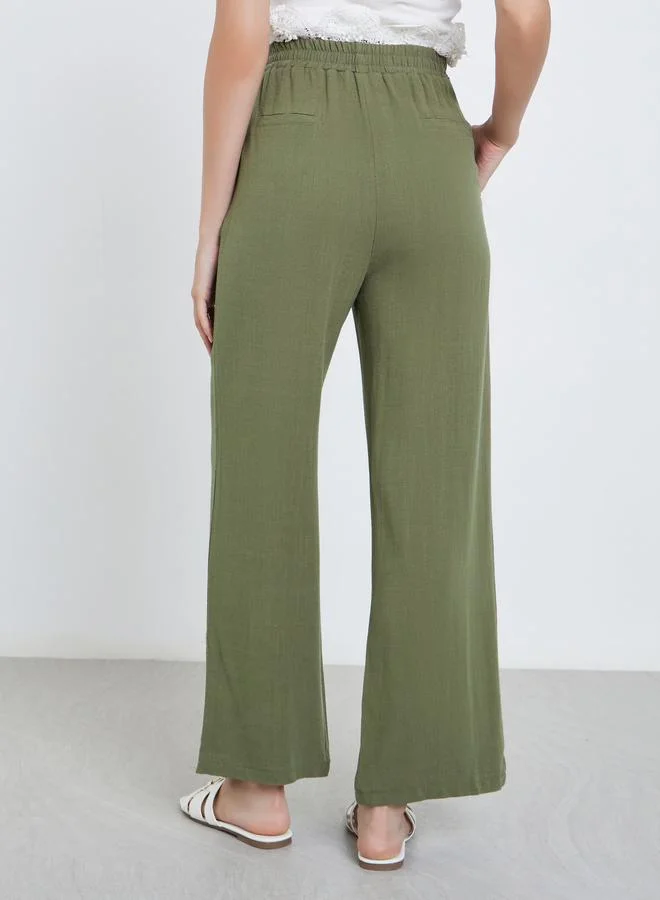 Styli Styli Khaki Linen Look Pants with Elastic Waist