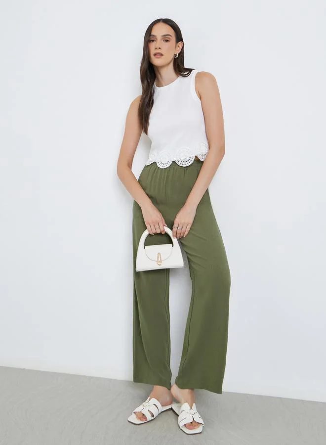 Styli Styli Khaki Linen Look Pants with Elastic Waist