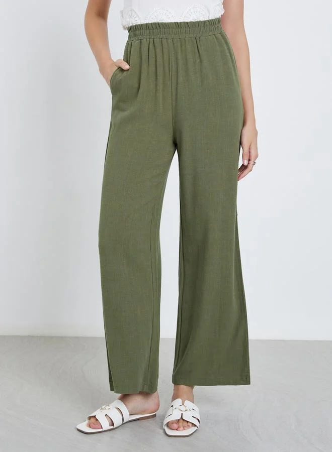 Styli Styli Khaki Linen Look Pants with Elastic Waist