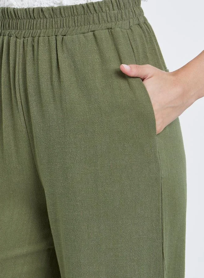 Styli Styli Khaki Linen Look Pants with Elastic Waist
