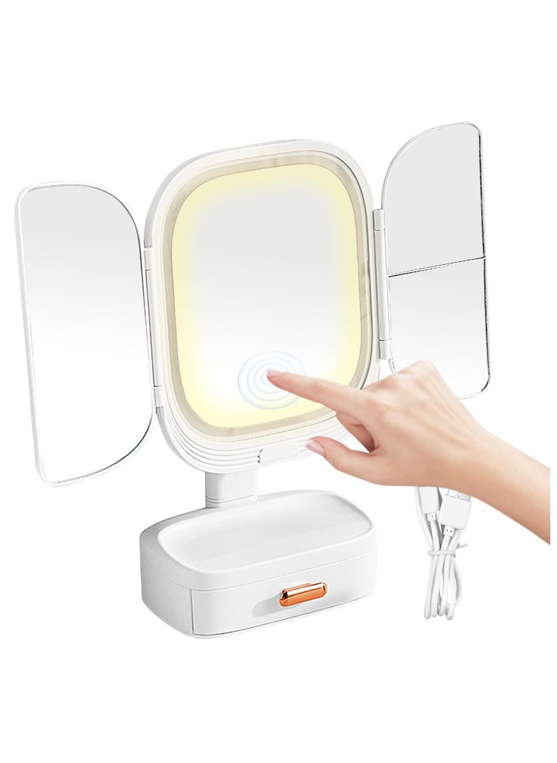 KASTWAVE Folding Lighted Makeup Mirror, Trifold Makeup Mirror Vanity Mirror, Touch Control, Rotatable Table Makeup Mirror with Storage Box, Angle Adjustable LED Vanity Mirror, for Desk, Bathroom, Bedroom  - Image 1