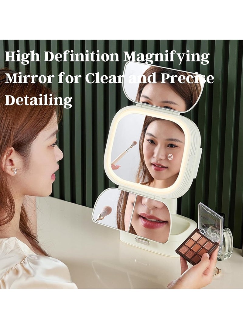 KASTWAVE Folding Lighted Makeup Mirror, Trifold Makeup Mirror Vanity Mirror, Touch Control, Rotatable Table Makeup Mirror with Storage Box, Angle Adjustable LED Vanity Mirror, for Desk, Bathroom, Bedroom  - Image 3