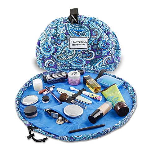Lay-n-Go Cosmo Layflat Drawstring Cosmetic & Makeup Bag Organizer - Portable Drawstring Bag w/Zipper Pocket, Makeup Loops & More - Durable, Machine Washable Toiletry Bag for Travel (22", Blue Paisley) - Image 1
