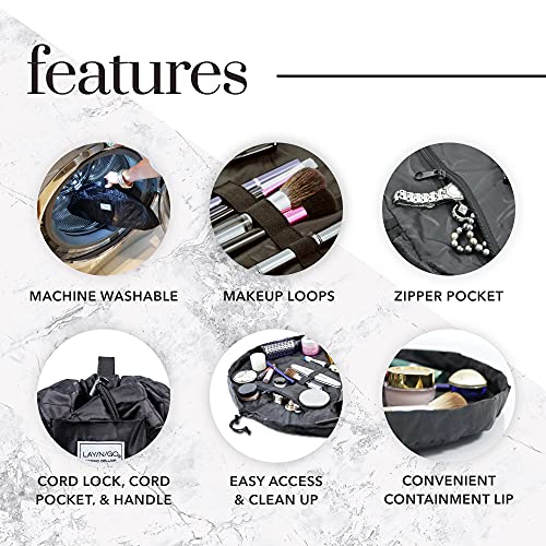 Lay-n-Go Cosmo Layflat Drawstring Cosmetic & Makeup Bag Organizer - Portable Drawstring Bag w/Zipper Pocket, Makeup Loops & More - Durable, Machine Washable Toiletry Bag for Travel (22", Blue Paisley) - Image 3