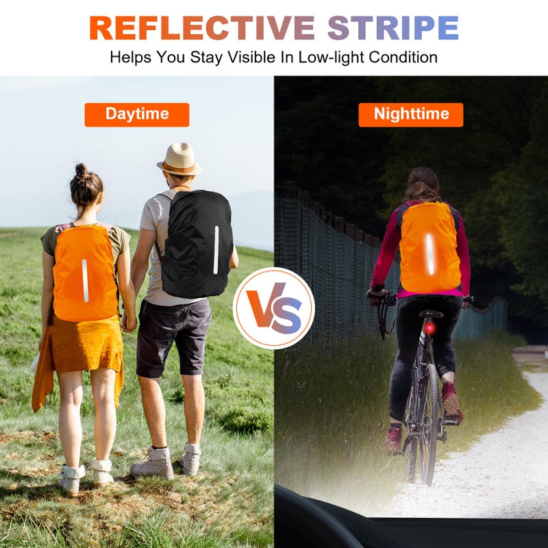 Lama 2 Pack Waterproof Rain Cover For Backpack, Reflective Rucksack Rain Cover For Anti-Dust/Anti-Theft/Bicycling/Hiking/Camping/Traveling/Outdoor Activities (1 Pcs Black + 1 Pcs Orange, M) - Image 2