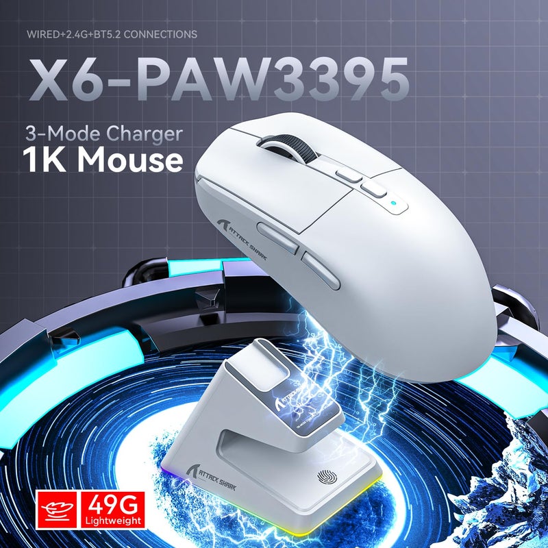 ATTACK SHARK X6 49g SUPERLIGHT Mouse with Magnetic Charging Dock, PixArt PAW3395 Gaming Sensor, BT/2.4G Wireless/Wired Gaming Mouse, 26000 DPI, X3 Upgraded Office Mice for Win11/Xbox/PS/Mac(White) - Image 2