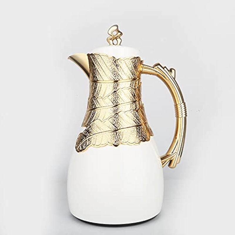 Mayflower Products Insulated Coffee Carafe 32 oz Luxury MoroccanStyle Vacuum Insulated Thermos Flask with Spout Glass Liner for Tea Coffee Water  Carafes  Pitches with LidWhite and Gold 