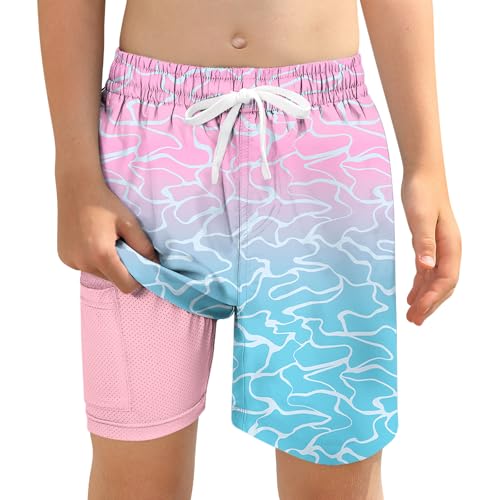ZenGents Boys Swim Trunks with Compression Liner Size 12 14 16 Hawaiian Youth Teen Bathing Suit Boy's Kids Blue Pink Swimwear Swim Swiming Board Shorts Trunk - Image 1