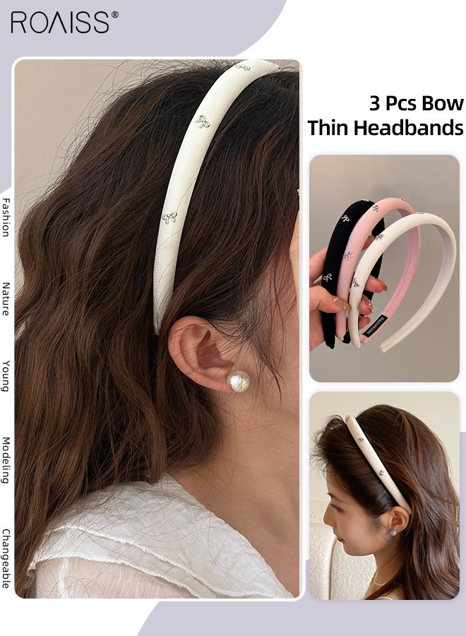roaiss 3Pcs Headbands for Women Girls，Fashion Bow Narrow Style Headband Face Washing Non-Slip Head Band, Fluffy Sponge Multi-Color Hairband Hair Accessory for Women - Image 1