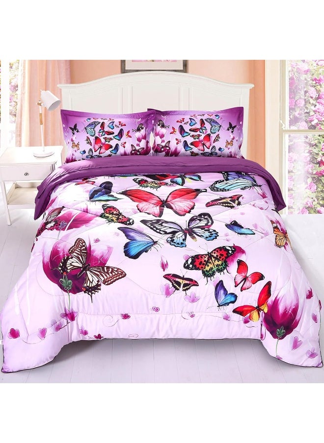 Wowelife - Wowelife 3D Purple Butterfly Comforter Queen Upgraded Print Beautiful Butterfly Groups in 5 Piece with Comforter, Flat Sheet, Fitted Sheet and 2 Pillow Cases (Playing Butterfly, Queen) - Image 1
