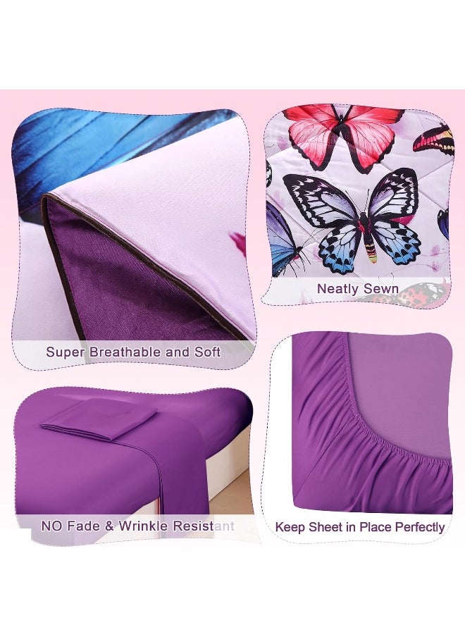 Wowelife - Wowelife 3D Purple Butterfly Comforter Queen Upgraded Print Beautiful Butterfly Groups in 5 Piece with Comforter, Flat Sheet, Fitted Sheet and 2 Pillow Cases (Playing Butterfly, Queen) - Image 1
