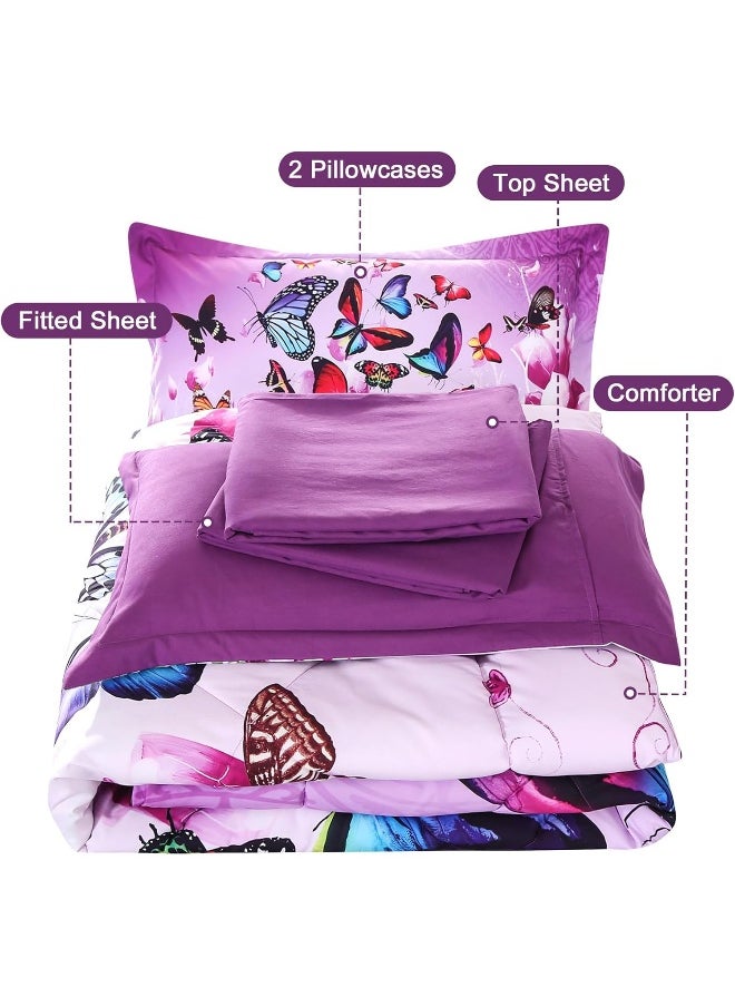 Wowelife - Wowelife 3D Purple Butterfly Comforter Queen Upgraded Print Beautiful Butterfly Groups in 5 Piece with Comforter, Flat Sheet, Fitted Sheet and 2 Pillow Cases (Playing Butterfly, Queen) - Image 1