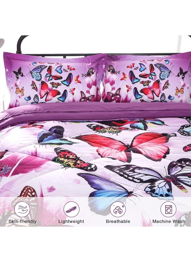 Wowelife - Wowelife 3D Purple Butterfly Comforter Queen Upgraded Print Beautiful Butterfly Groups in 5 Piece with Comforter, Flat Sheet, Fitted Sheet and 2 Pillow Cases (Playing Butterfly, Queen) - Image 1