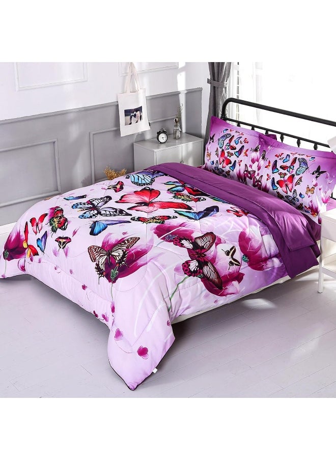 Wowelife - Wowelife 3D Purple Butterfly Comforter Queen Upgraded Print Beautiful Butterfly Groups in 5 Piece with Comforter, Flat Sheet, Fitted Sheet and 2 Pillow Cases (Playing Butterfly, Queen) - Image 1
