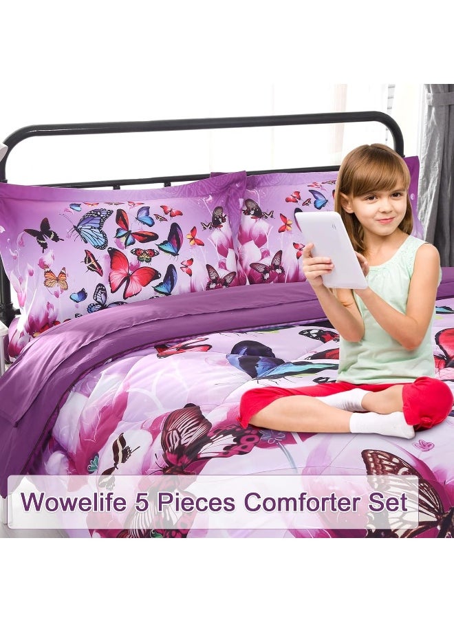 Wowelife - Wowelife 3D Purple Butterfly Comforter Queen Upgraded Print Beautiful Butterfly Groups in 5 Piece with Comforter, Flat Sheet, Fitted Sheet and 2 Pillow Cases (Playing Butterfly, Queen) - Image 1
