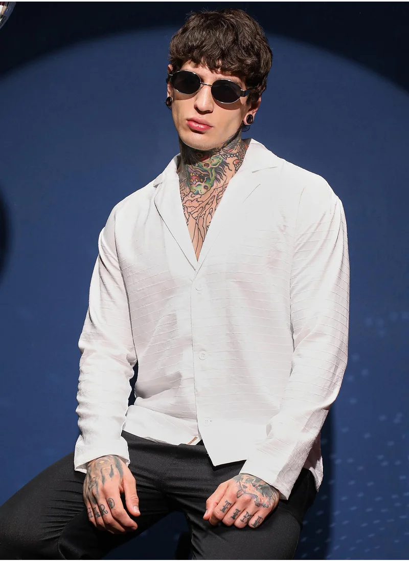كامبوس سوترا Men's Daisy White Striped Cuban Shirt For Casual Wear | Cuban Collar | Long Cuffed Sleeves | Button Closure | Shirt Crafted With Comfort Fit For Everyday Wear