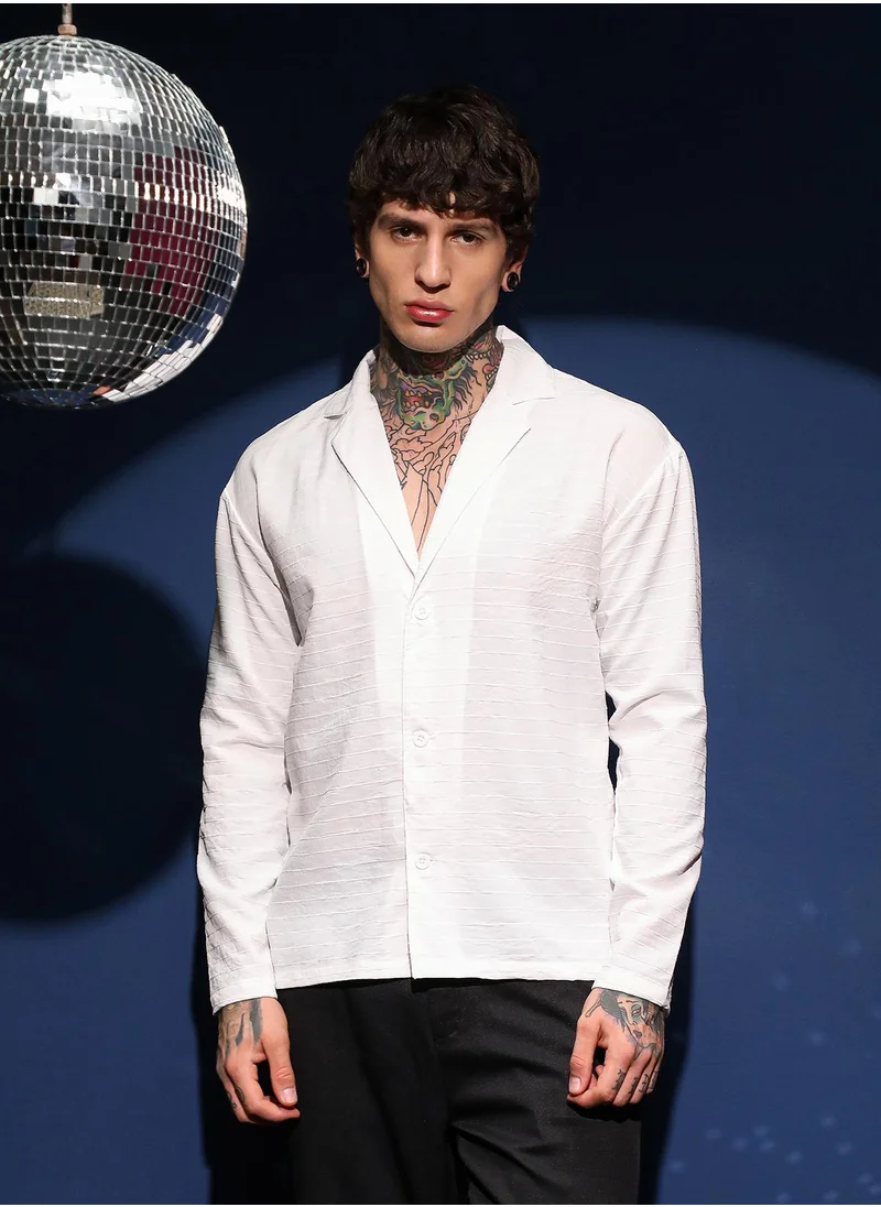 كامبوس سوترا Men's Daisy White Striped Cuban Shirt For Casual Wear | Cuban Collar | Long Cuffed Sleeves | Button Closure | Shirt Crafted With Comfort Fit For Everyday Wear
