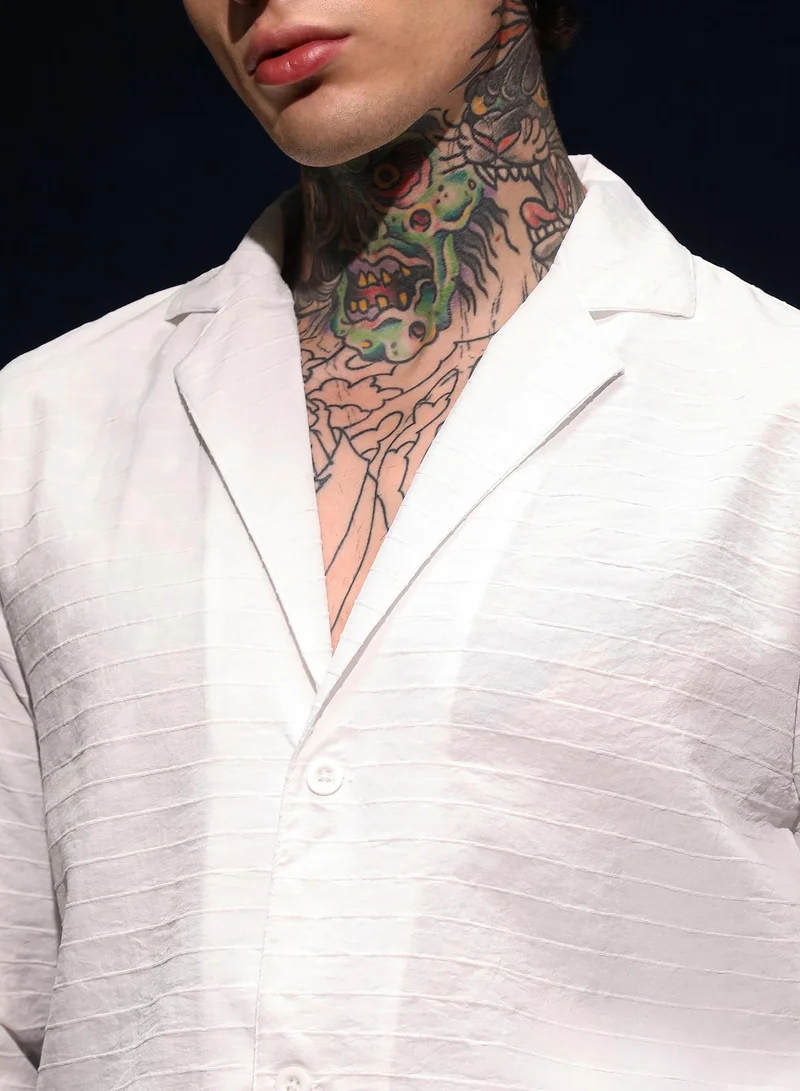 Campus Sutra Men's Daisy White Striped Cuban Shirt For Casual Wear | Cuban Collar | Long Cuffed Sleeves | Button Closure | Shirt Crafted With Comfort Fit For Everyday Wear