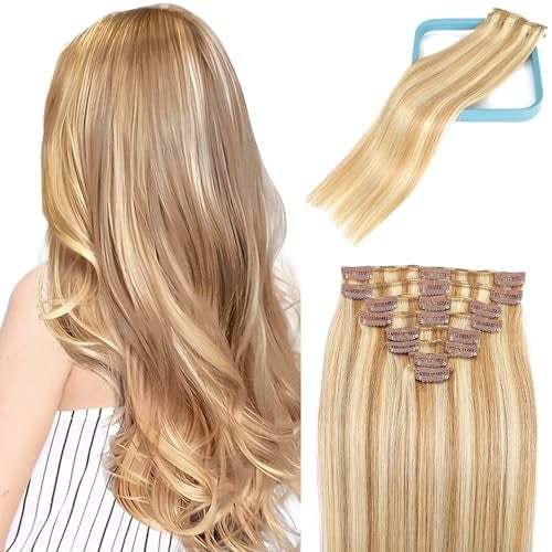 LORIEN Clip in Hair Extensions Real Human Hair, 18 Inch 100g,18/613 Dark Blonde Highlighted Bleach Blonde, Clip in 100% Brazilian Remy Human Hair Extensions 8pcs Per Set with 18 Clips Double Weft - Image 1