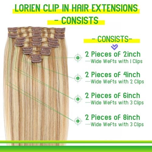 LORIEN Clip in Hair Extensions Real Human Hair, 18 Inch 100g,18/613 Dark Blonde Highlighted Bleach Blonde, Clip in 100% Brazilian Remy Human Hair Extensions 8pcs Per Set with 18 Clips Double Weft - Image 3