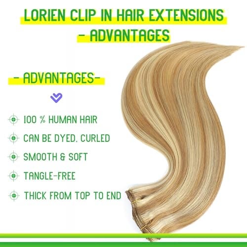 LORIEN Clip in Hair Extensions Real Human Hair, 18 Inch 100g,18/613 Dark Blonde Highlighted Bleach Blonde, Clip in 100% Brazilian Remy Human Hair Extensions 8pcs Per Set with 18 Clips Double Weft - Image 2