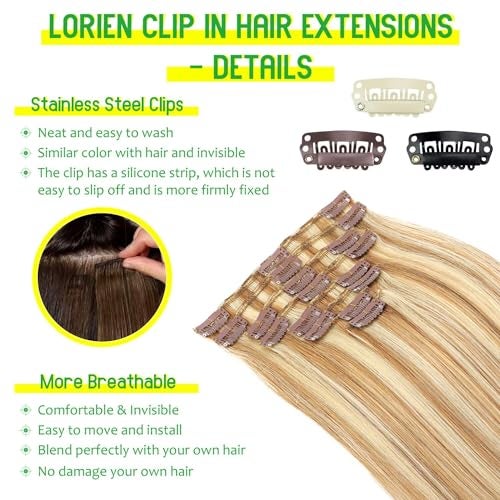LORIEN Clip in Hair Extensions Real Human Hair, 18 Inch 100g,18/613 Dark Blonde Highlighted Bleach Blonde, Clip in 100% Brazilian Remy Human Hair Extensions 8pcs Per Set with 18 Clips Double Weft - Image 4