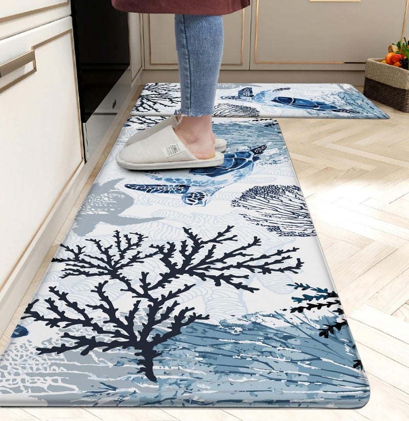 weesire Coastal Beach Kitchen Floor Mat Rugs Nautical Decorative Coral Sea Turtle Kitchen Rugs Anti Fatigue Mats Non-Slip Comfort Standing Cushioned for Kitchen 17.3" 28" + 17.3" x 47" Set 2 Pcs Navy Blue - Image 1